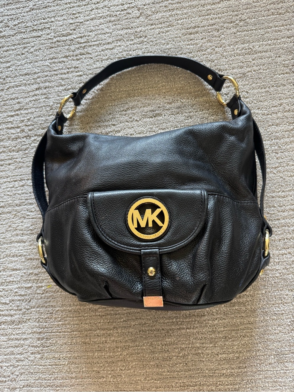 Michael Kors Black Pebbled Leather Hobo Shoulder Bag Gold Hardware MK Logo Purse